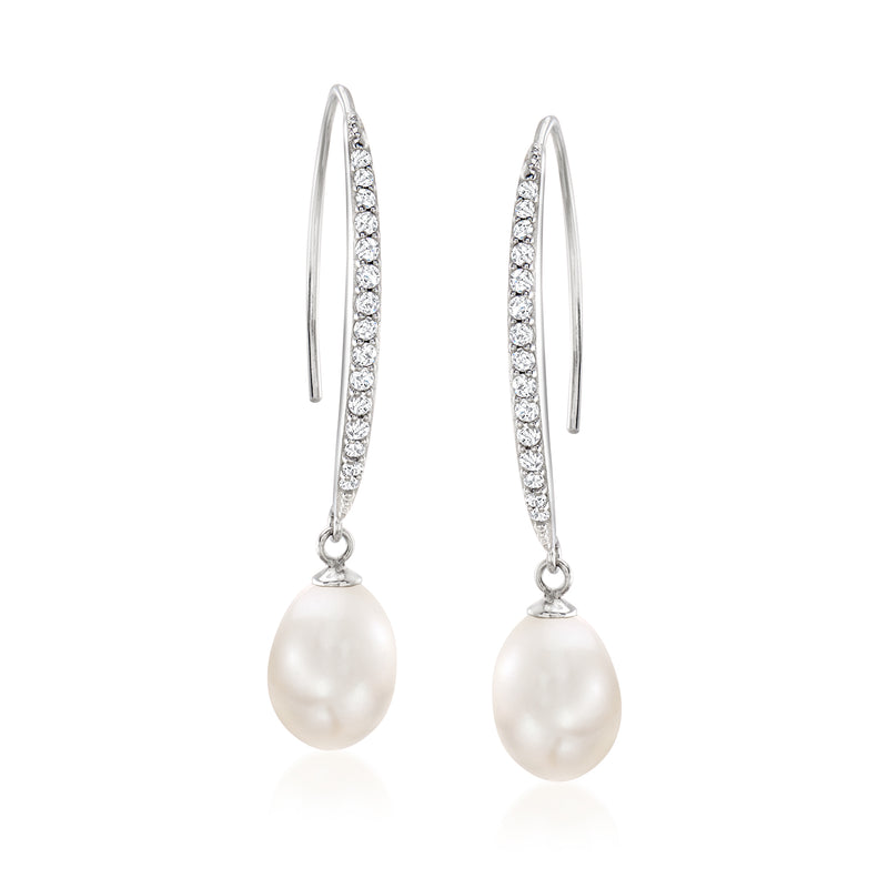 Sterling silver hoop drop earrings with CZ-paved oval section and cultured pearl dangles