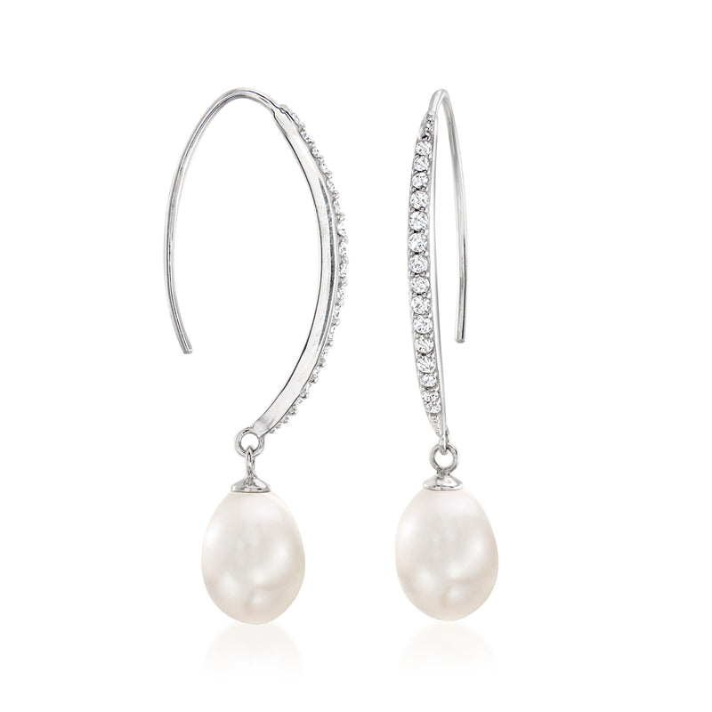 Sterling silver CZ-paved hoop drop earrings with cultured pearl teardrop dangles