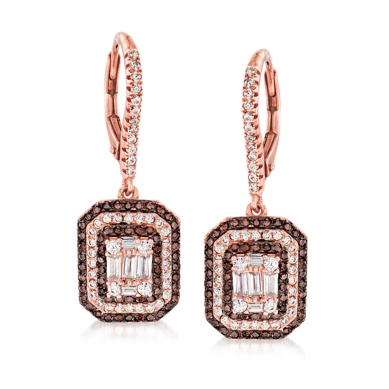Two-tone rose gold CZ drop earrings, square halo with black edge and baguette center