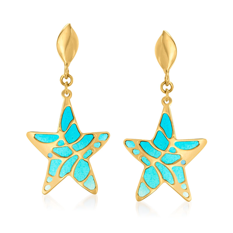 Starfish drop earrings in 14kt yellow gold with blue enamel details