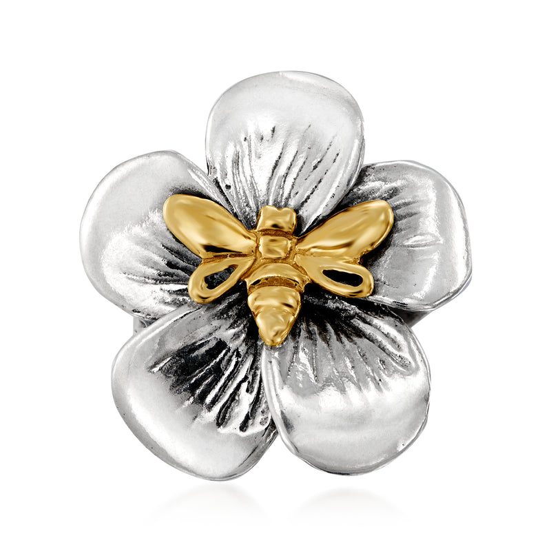 Flower and bumblebee ring with sterling silver petals and 14kt yellow gold center