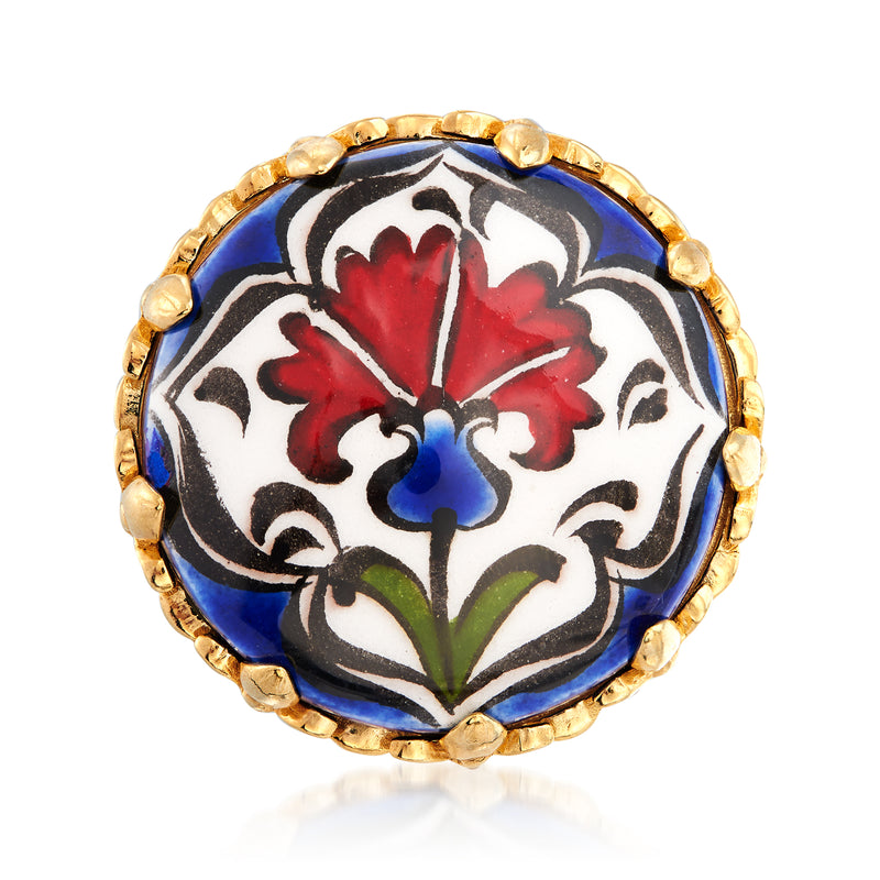 Hand-painted floral ceramic ring with red blossoms on white, blue center, gold bezel