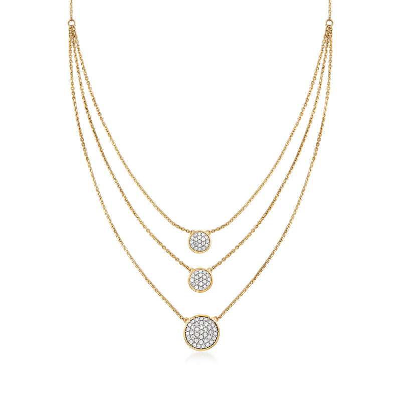 14kt yellow gold layered necklace with three pavé diamond circle pendants