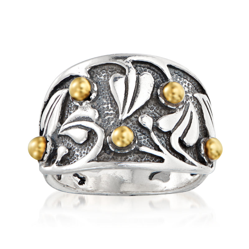 Sterling silver leaf ring with textured band and five 14kt yellow gold ball accents