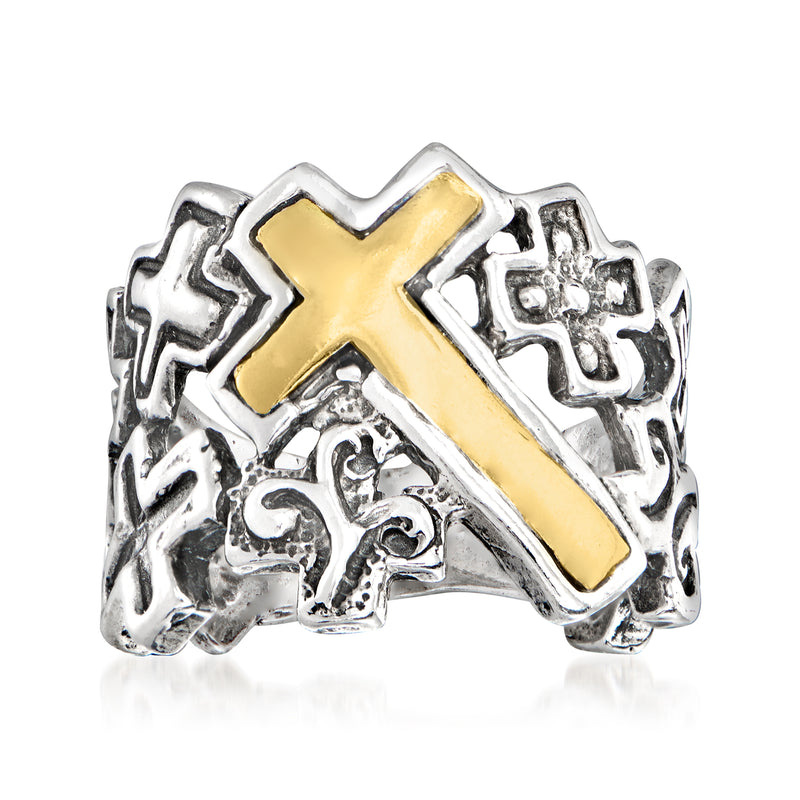 Cross ring in sterling silver with 14kt yellow gold cross inlaid design