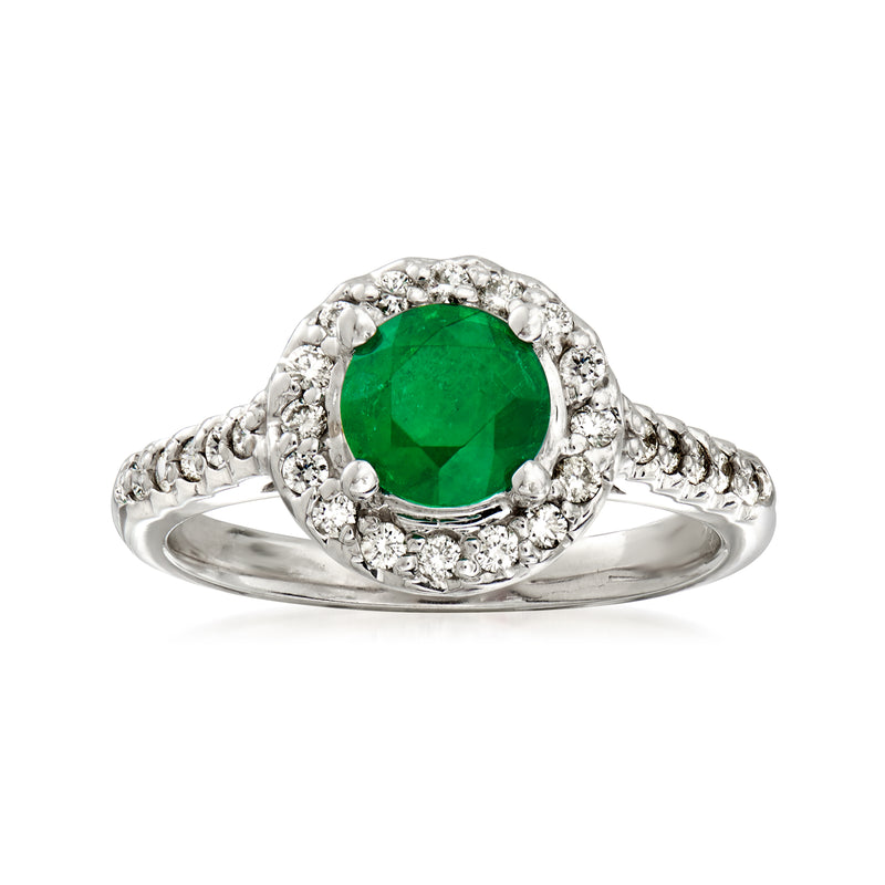 Green gemstone halo diamond ring in 14kt white gold with round center stone