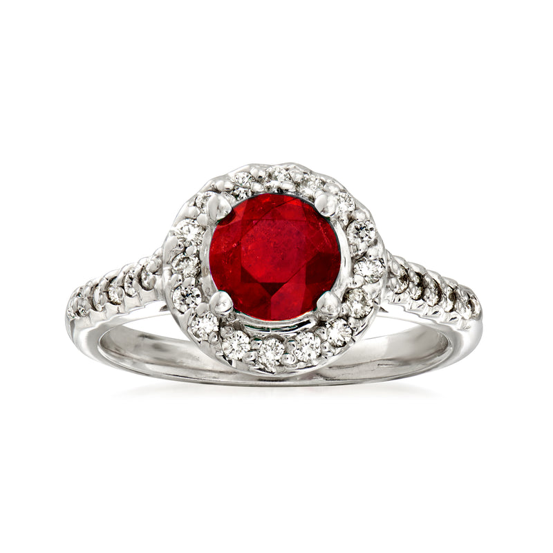14kt white gold ruby and diamond halo ring with red oval center
