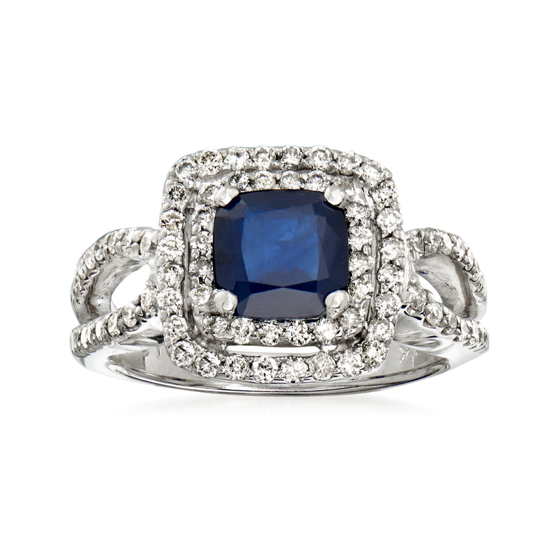 14kt white gold double-halo ring, blue sapphire center with diamond accents