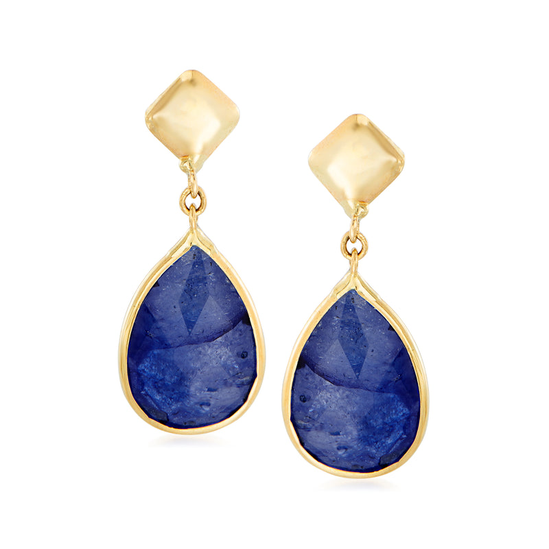 14kt yellow gold sapphire drop earrings with blue teardrop stones and square top caps