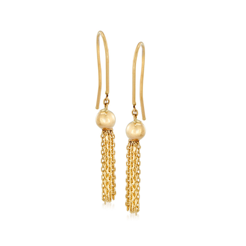 14kt yellow gold tassel drop earrings with round bead tops and chain fringe, hook back