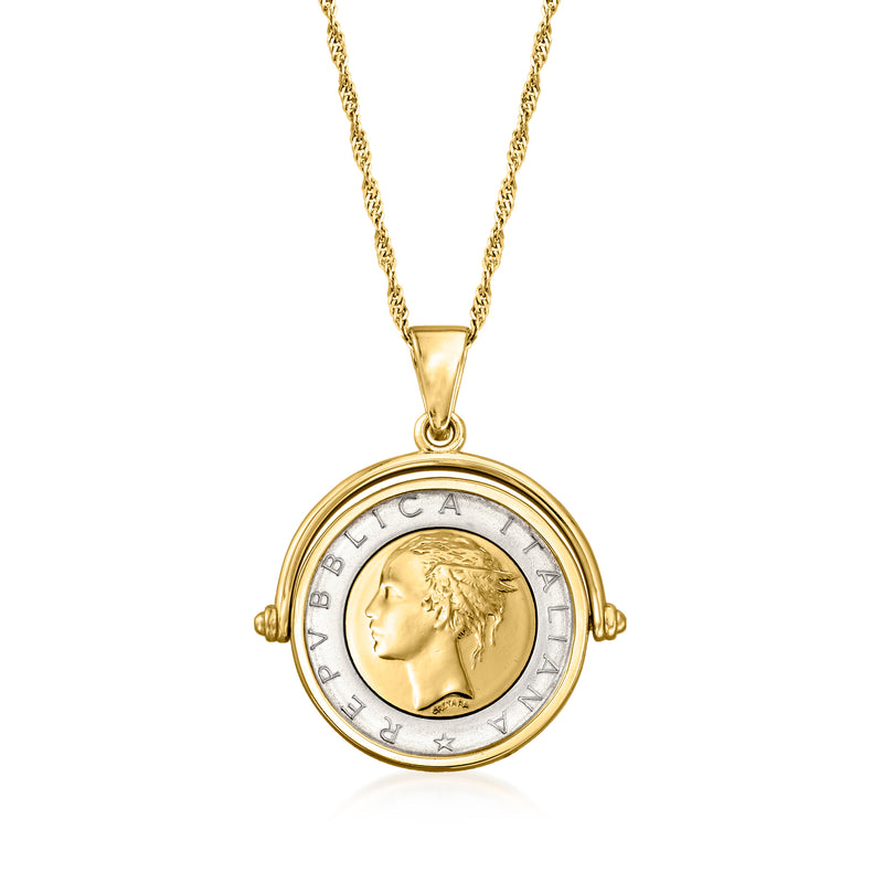 Gold-tone coin pendant with Lira-style face, round bezel, linked chain