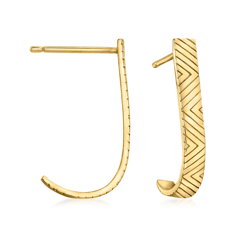 14kt yellow gold chevron J-hoop earrings with ridged herringbone design