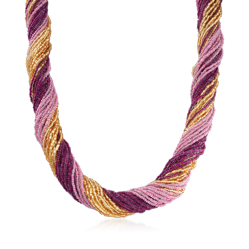 Purple and gold Murano glass bead torsade necklace with twisted bead rope