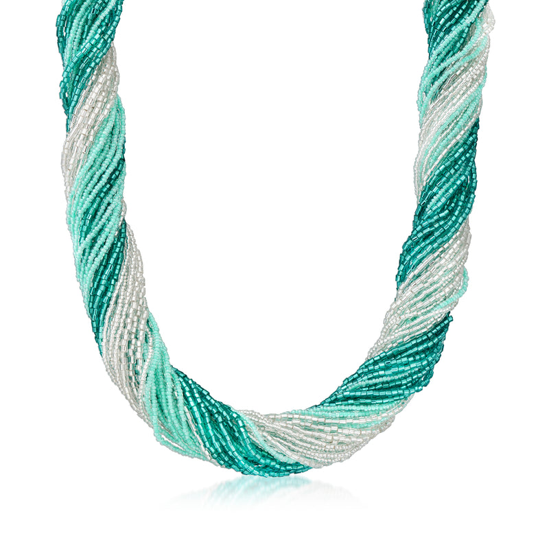 Turquoise and white Murano glass torsade bead necklace with sterling silver