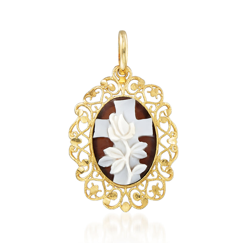 14kt yellow gold filigree oval cameo pendant with white floral shell center