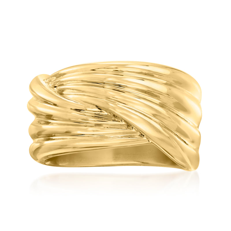 Yellow gold over resin crossover ring with smooth rounded band and diagonal wrap