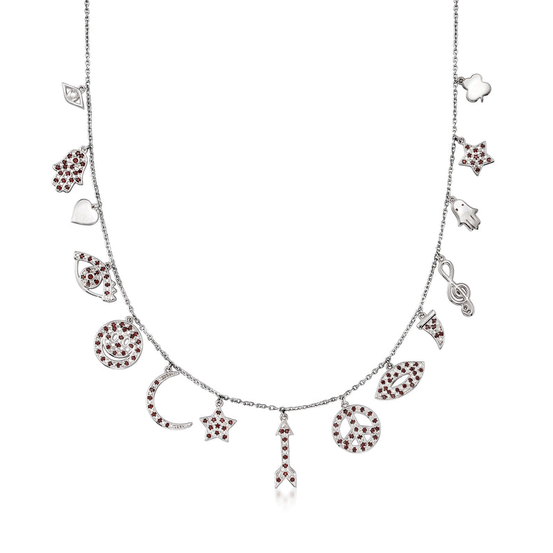 Sterling silver symbol charm necklace with red gemstone accents