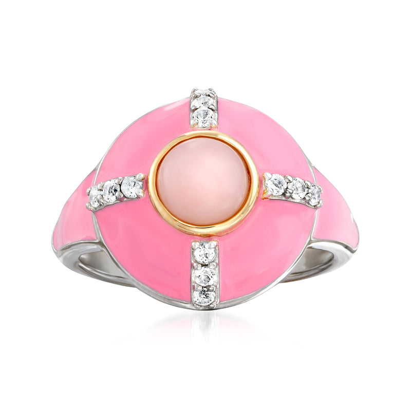 Ring with pink opal and white topaz in sterling silver with yellow gold bezel