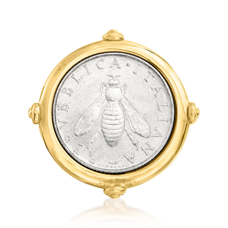 Gold-tone coin ring with silver bee design on two-lira style coin, round bezel