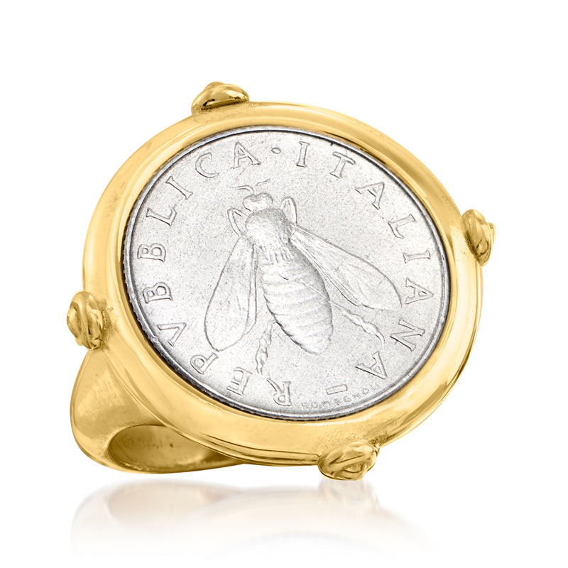 Gold-tone coin ring with silver-toned bee coin face and engraved rim text, round bezel