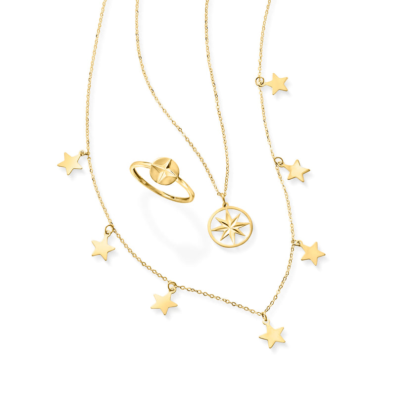 14kt yellow gold star station necklace featuring five star charms on linked chain