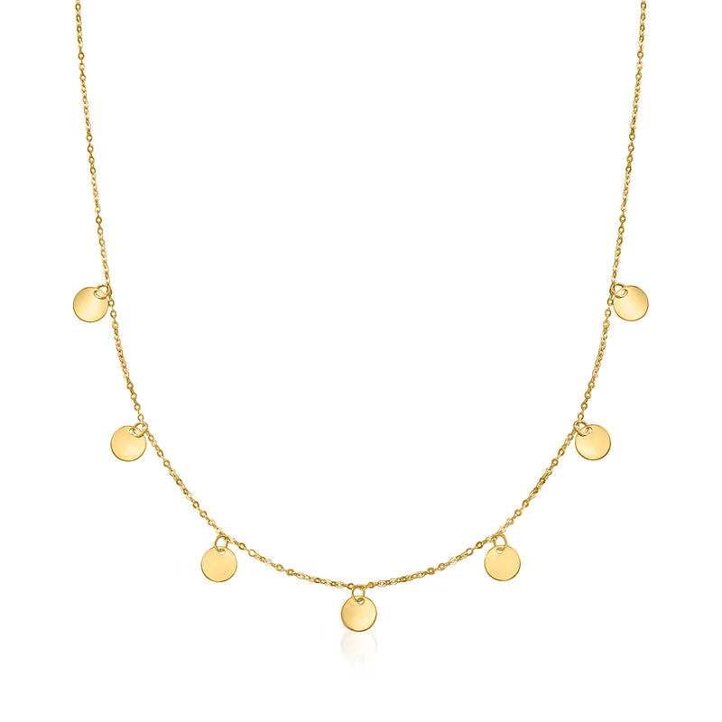 14kt yellow gold multi-circle necklace with round disc charms along fine chain