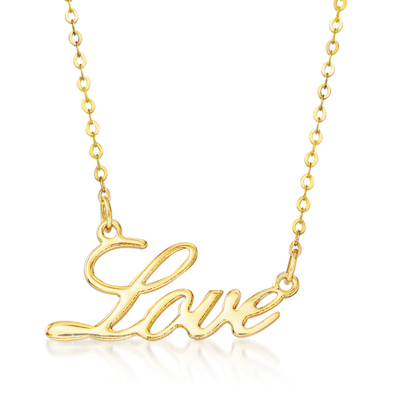 14kt yellow gold Love script pendant necklace with link chain