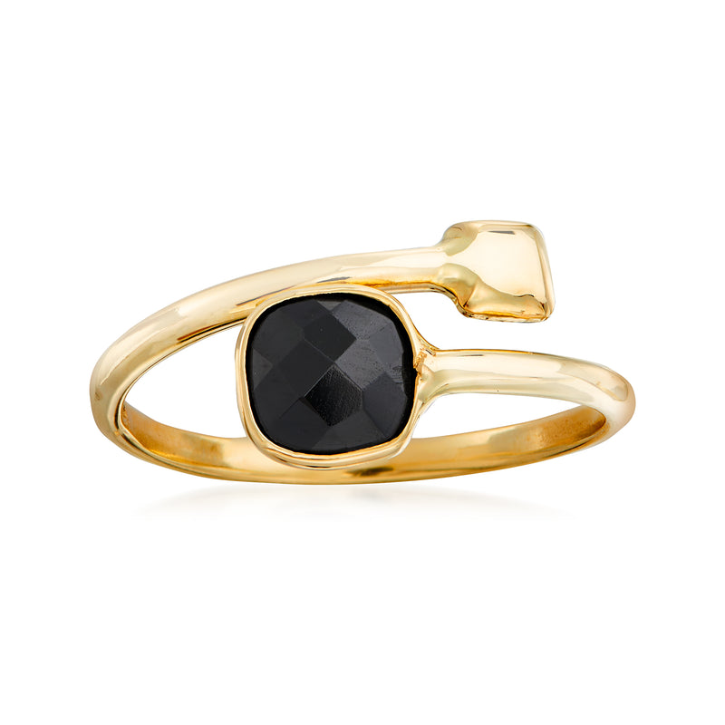 14kt yellow gold bypass ring with oval black onyx gemstone bezel setting