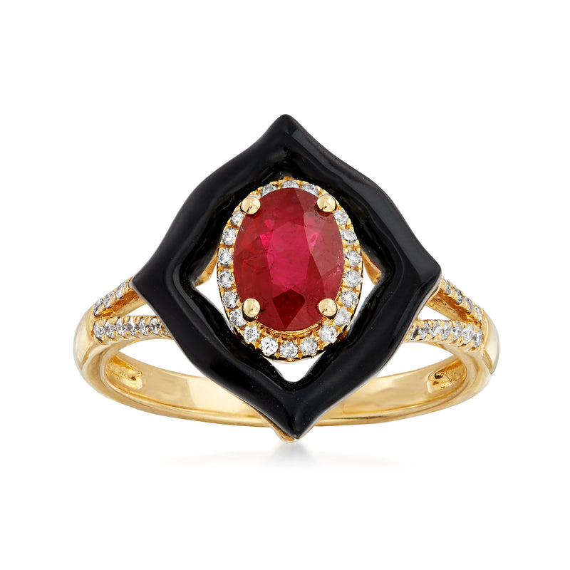 18kt yellow gold ring with oval ruby center, diamond halo, and black onyx shield