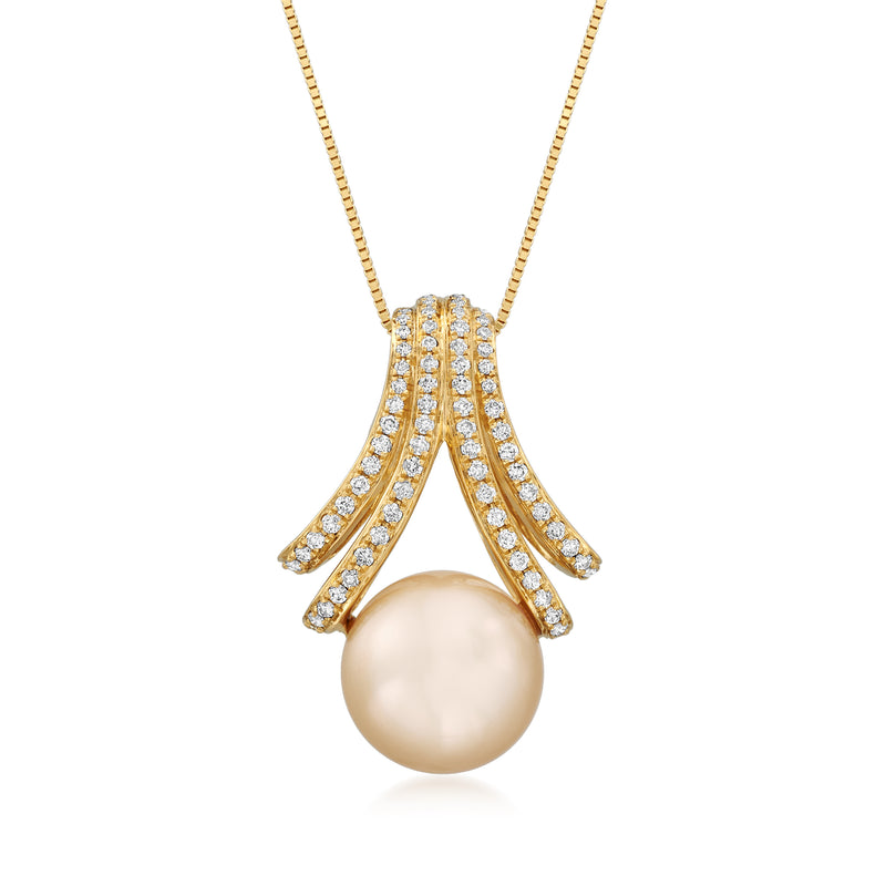 18kt yellow gold pendant necklace with round cultured pearl and diamond arch prongs