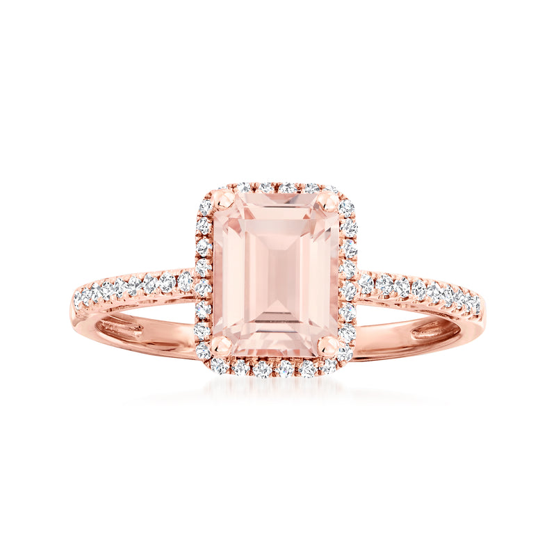 14kt rose gold morganite and diamond halo ring, rectangular pink center stone