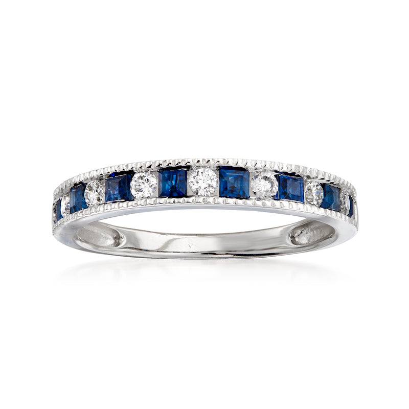14kt white gold ring with blue rectangular sapphires and white diamonds, channel-set band