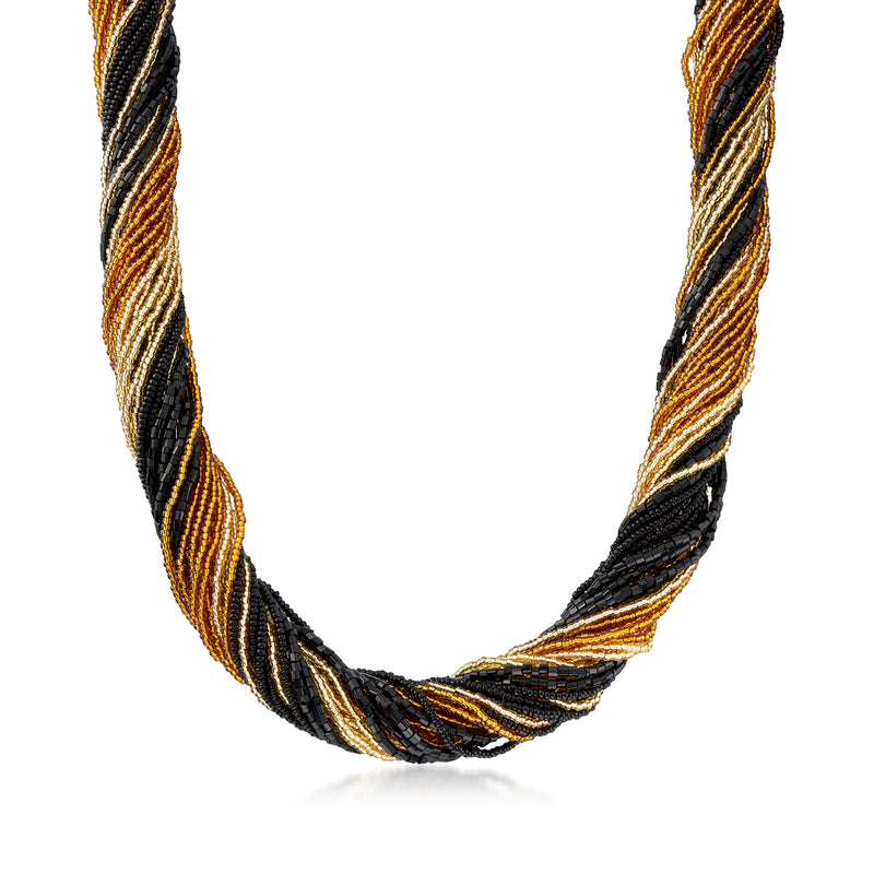 Multicolored Murano glass bead torsade necklace with black and amber braided strands