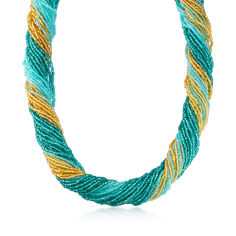Aqua and gold Murano glass bead torsade necklace, 18kt gold over sterling.