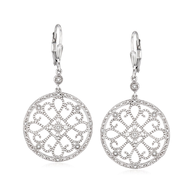 Sterling silver diamond circle openwork drop leverback earrings, round dangling with sparkle