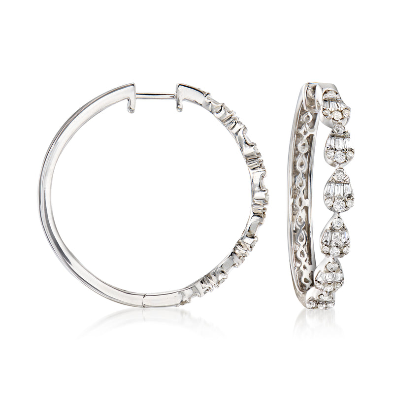 14kt white gold diamond cluster hoop earrings with three sparkling round stones each side