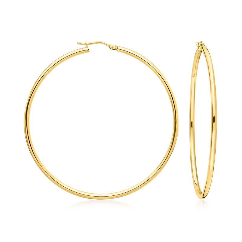 18kt yellow gold hoop earrings, hinged clasp, slim round hoops