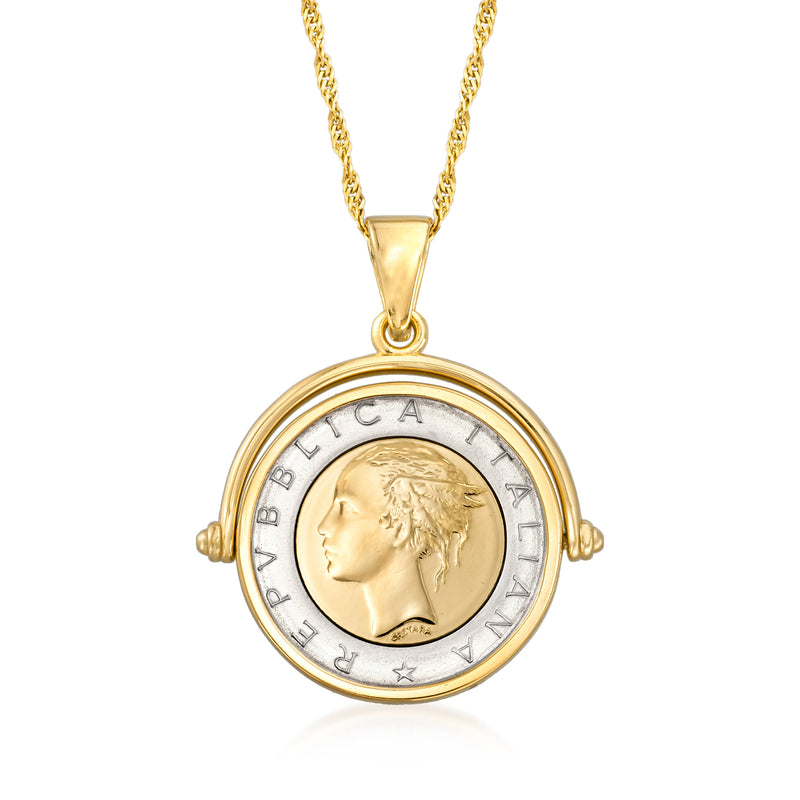 Gold coin pendant necklace with circular lira coin design and ridged outer frame