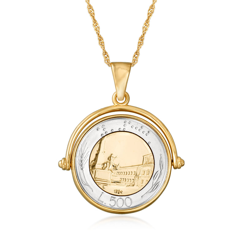 Gold coin pendant necklace with circular coin showing building and number 500