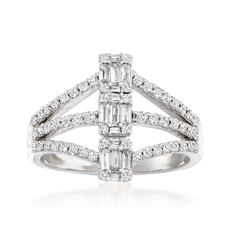 14kt white gold diamond multi-row ring with baguette and round stones