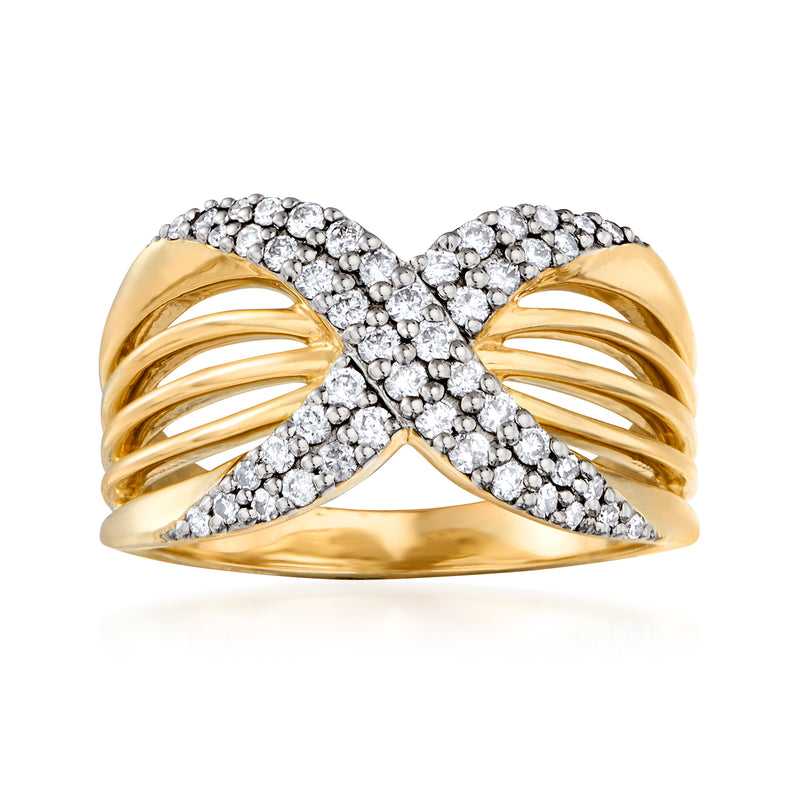 14kt yellow gold diamond X ring with pavé set crossover top