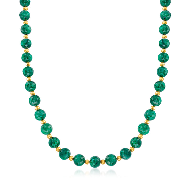 Emerald-green round bead necklace with 14kt yellow gold ball spacers