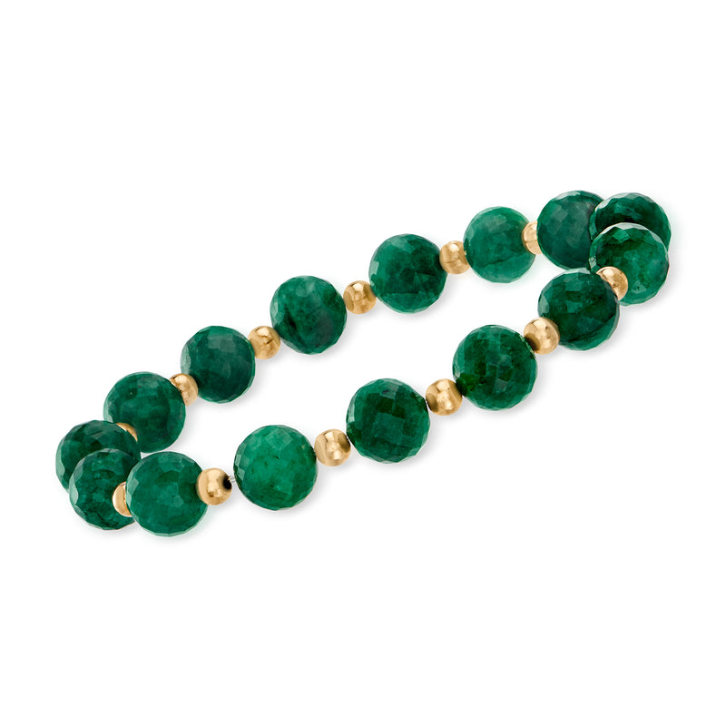 Emerald green bead stretch bracelet with small 14kt yellow gold spacer beads