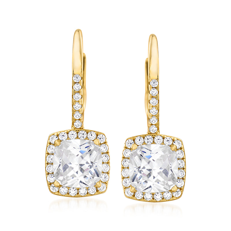 Gold-tone CZ square drop earrings with round halo and large square center stone