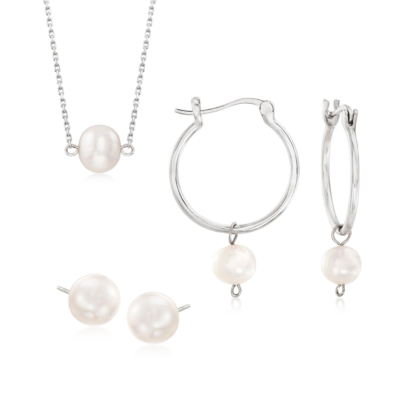 Cultured pearl jewelry set in sterling silver: necklace, hoop earrings, and pearl stud earrings