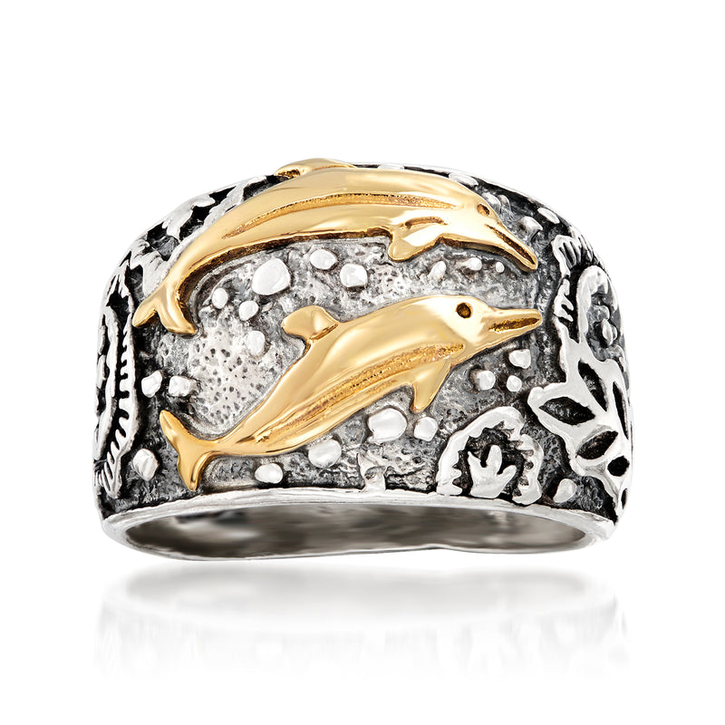 Sterling silver dolphin ring with 14kt yellow gold dolphin details over speckled finish