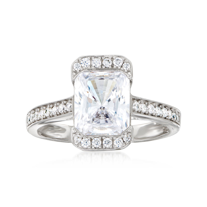 Sterling silver rectangle CZ ring with large center stone and pavé band
