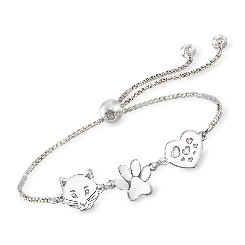 Sterling silver bolo bracelet with cat face, paw print, and heart charms, adjustable chain
