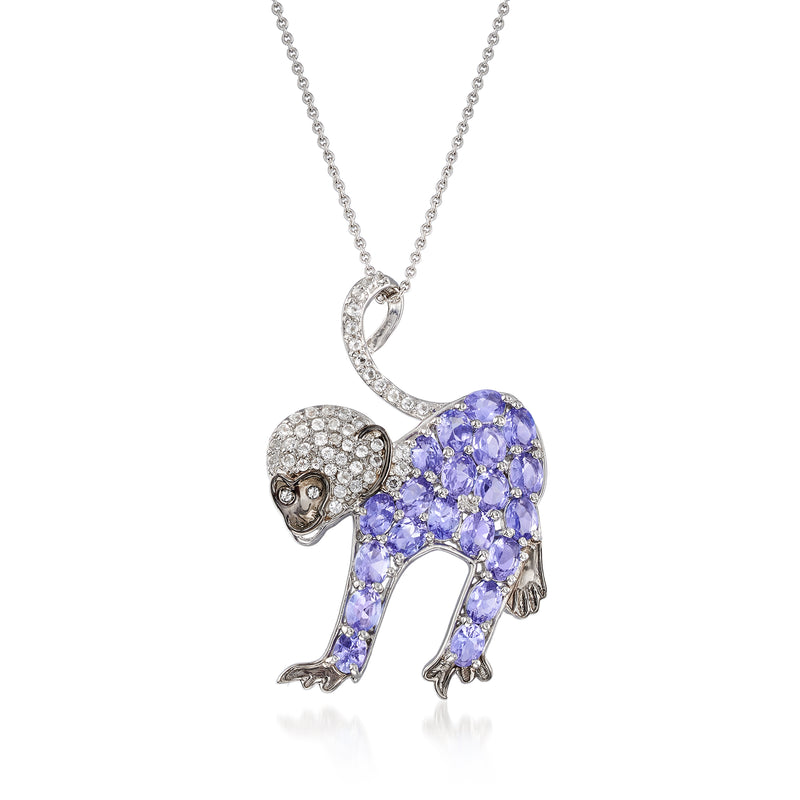 Sterling silver monkey pendant necklace with tanzanite and white topaz stones