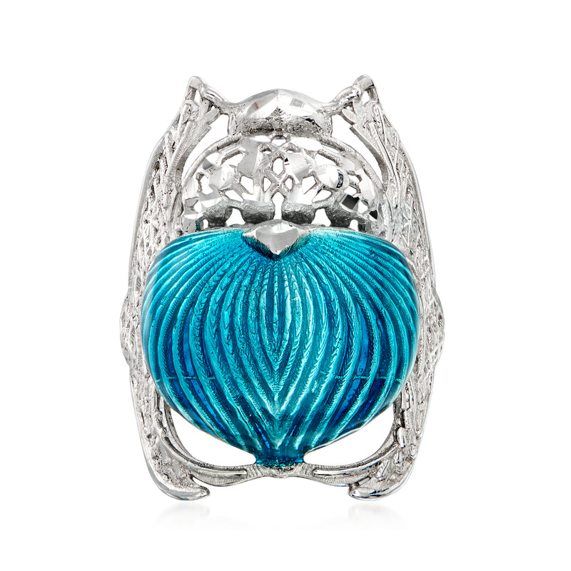 Sterling silver beetle ring with blue enamel heart-like shell center
